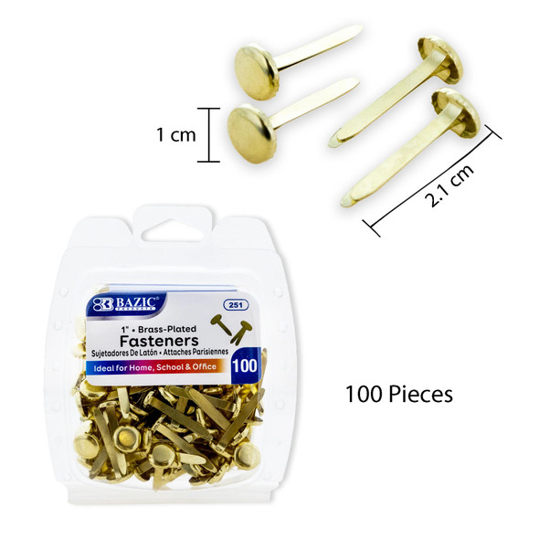 Brass-Plated Fasteners, 1", 100 Per Pack, 12 Packs Brass-Plated Fasteners, 1", 100 Per Pack, 12 Packs