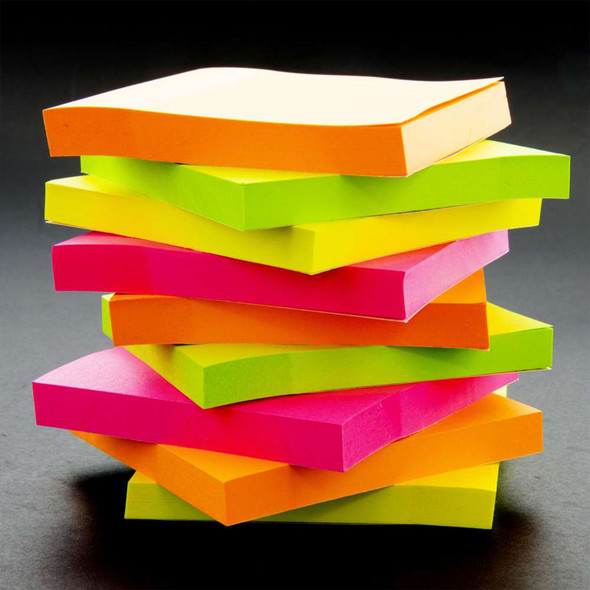 Stick On Notes, 3" x 3", Neon, 90 Sheets, 12 Per Pack, 3 Packs