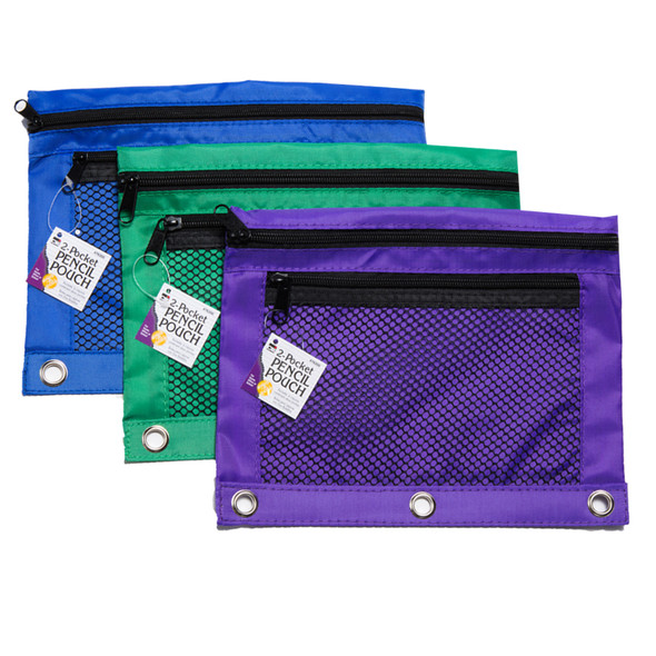 Pencil Pouch, 2 Pocket with Mesh Front, 3 Assorted Colors, Pack of 6 Pencil Pouch, 2 Pocket with Mesh Front, 3 Assorted Colors, Pack of 6