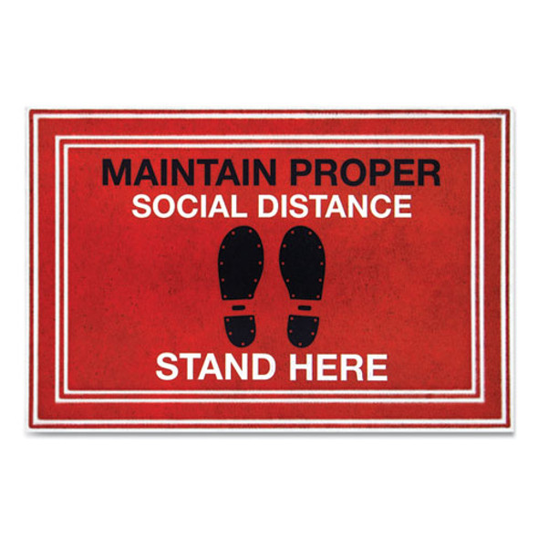 Message Floor Mats, 24 x 36, Red/Black, "Maintain Social Distance Stand Here"