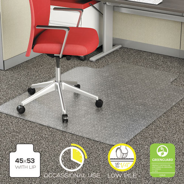 Occasional Use Studded Chair Mat for Flat Pile Carpet, 45 x 53, Wide Lipped, Clear