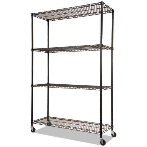 NSF Certified 4-Shelf Wire Shelving Kit with Casters, 48w x 18d x 72h, Black