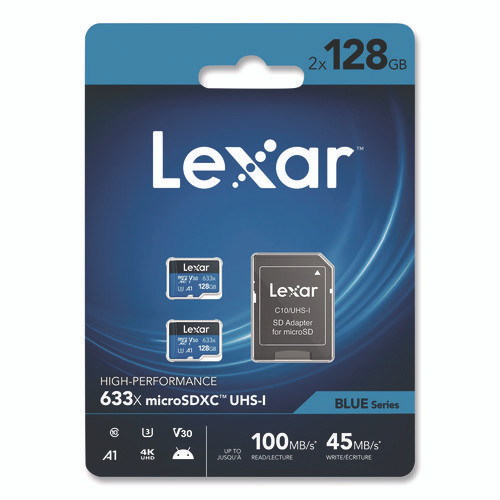 High Performance BLUE Series microSDXC Memory Card with Adapter, UHS-I V30 U1 Class 10, 128 GB, 2/Pack