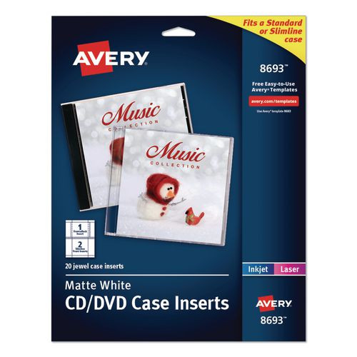 Inkjet CD/DVD Jewel Case Inserts, Matte White, 20/Pack