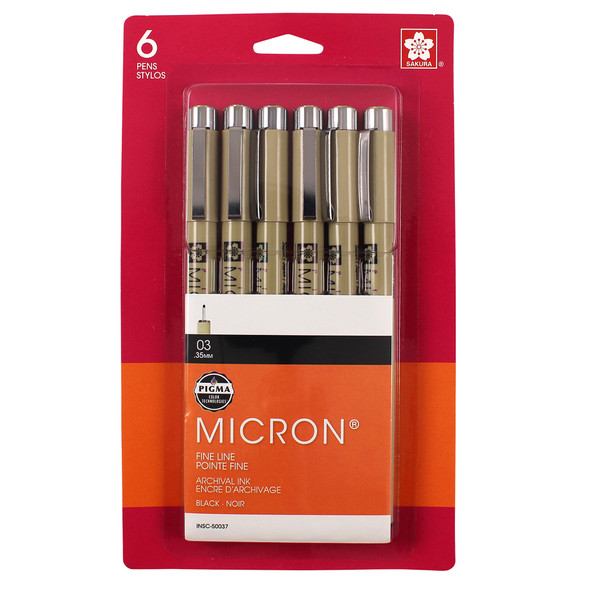 Pigma Micron Pens, Black, Size 03, 6-Pack, Blister Card