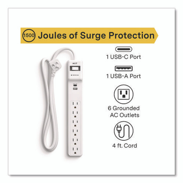 6-Outlet Plus USB Surge Protector, 6 AC Outlets/2 USB Outlets, 4 ft Cord, 1,500 J, White