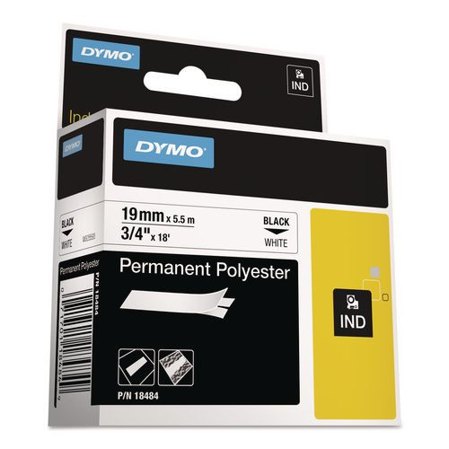 Rhino Permanent Poly Industrial Label Tape, 0.75" x 18 ft, White/Black Print
