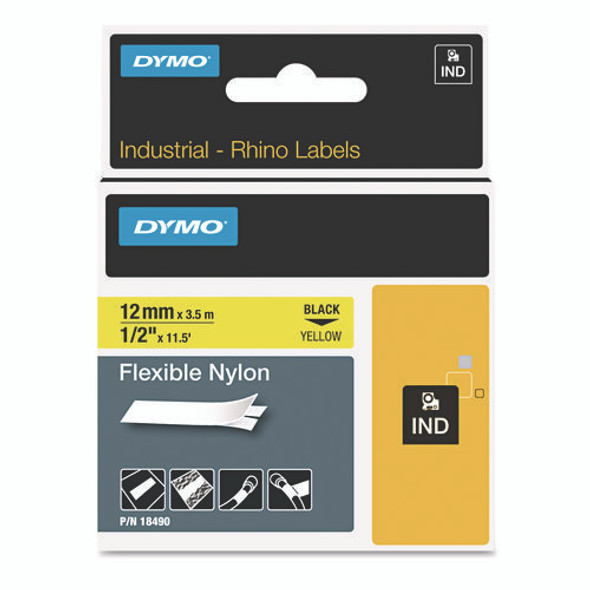 Rhino Flexible Nylon Industrial Label Tape, 0.5" x 11.5 ft, Yellow/Black Print