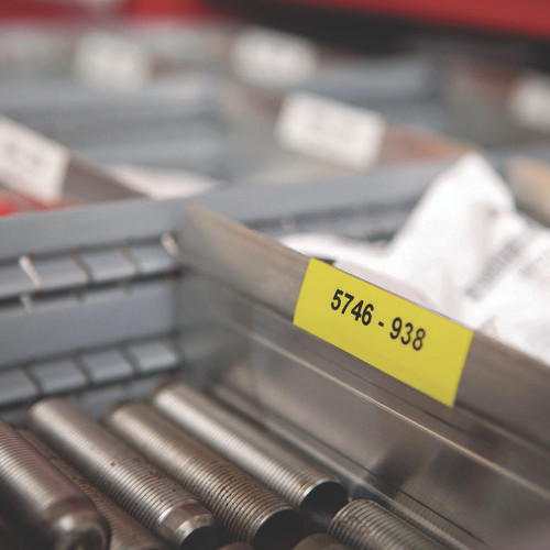 Rhino Permanent Vinyl Industrial Label Tape, 0.75" x 18 ft, Yellow/Black Print