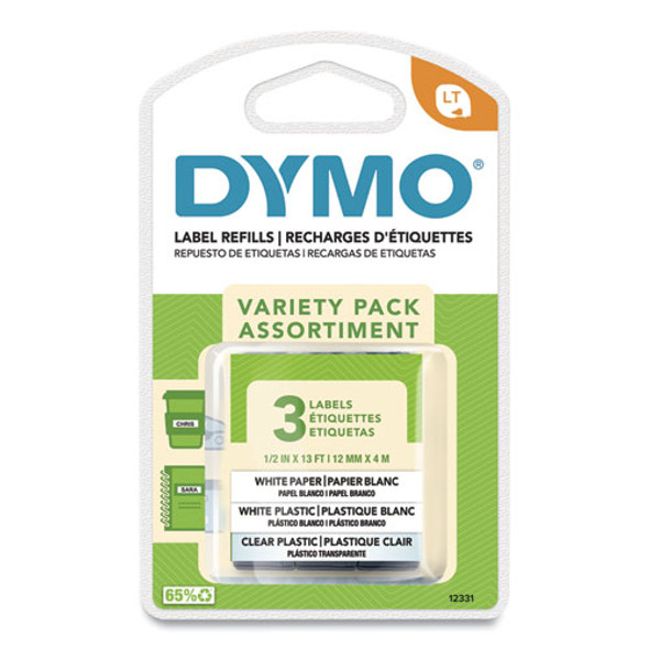 LetraTag Paper/Plastic Label Tape Value Pack, 0.5" x 13 ft, Assorted, 3/Pack