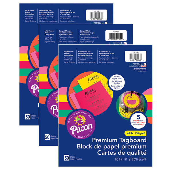 Premium Tagboard, 5 Assorted Bright Colors, 8-1/2" x 11", 50 Sheets Per Pack, 3 Packs