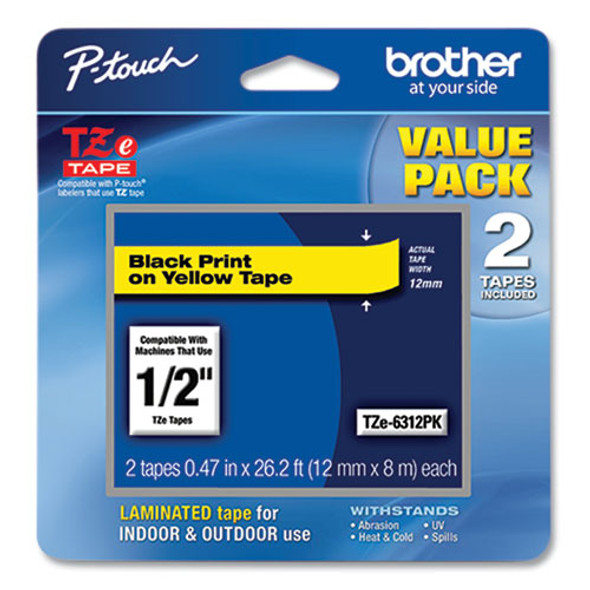 TZe Standard Adhesive Laminated Labeling Tape, 0.47" x 26.2 ft, Black on Yellow, 2/Pack