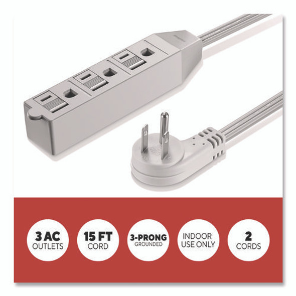 15 ft Extension Cord, 15 ft, 13 A, Gray, 2/Pack