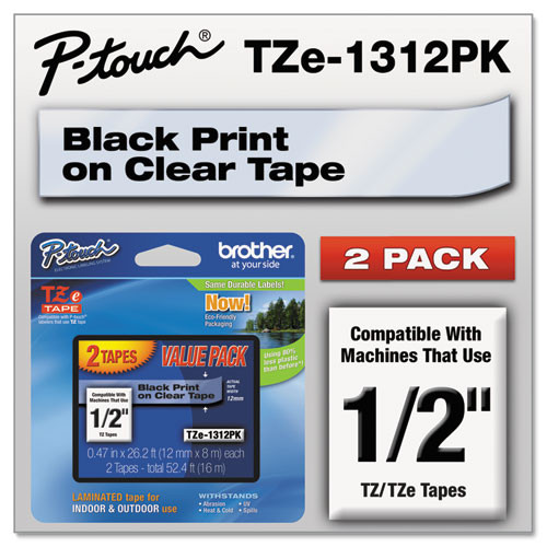 TZe Standard Adhesive Laminated Labeling Tapes, 0.47" x 26.2 ft, Black on Clear, 2/Pack