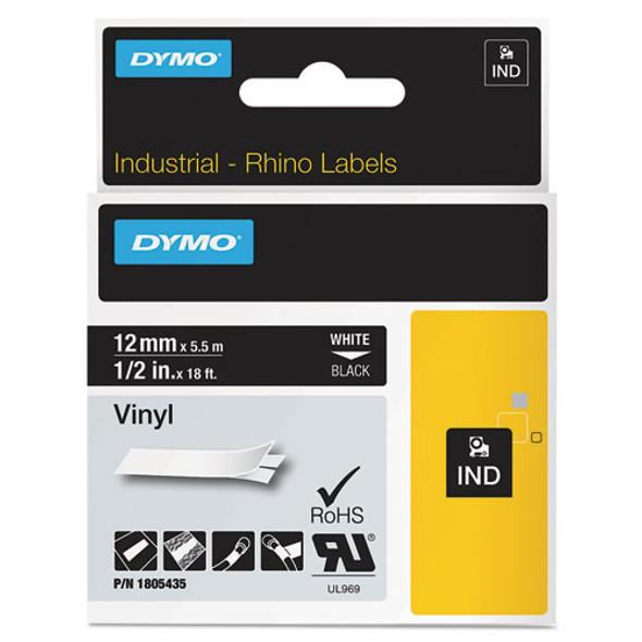 Rhino Permanent Vinyl Industrial Label Tape, 0.5" x 18 ft, Black/White Print
