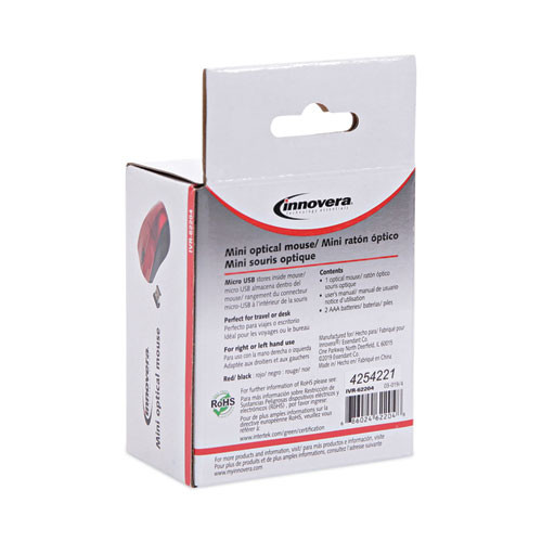 Mini Wireless Optical Mouse, 2.4 GHz Frequency/30 ft Wireless Range, Left/Right Hand Use, Red/Black