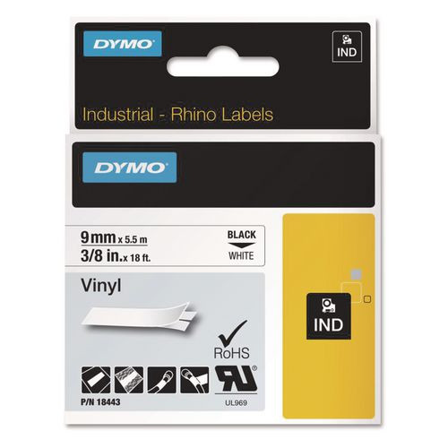 Rhino Permanent Vinyl Industrial Label Tape, 0.37" x 18 ft, White/Black Print