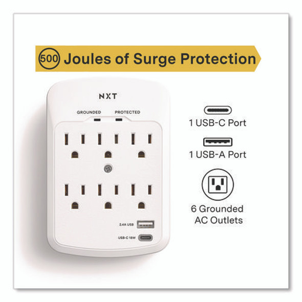 6-Outlet Plus USB Outlet Surge Protector, 6 AC Outlets/2 USB Outlets, 900 J, White