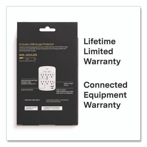 6-Outlet Plus USB Outlet Surge Protector, 6 AC Outlets/2 USB Outlets, 900 J, White