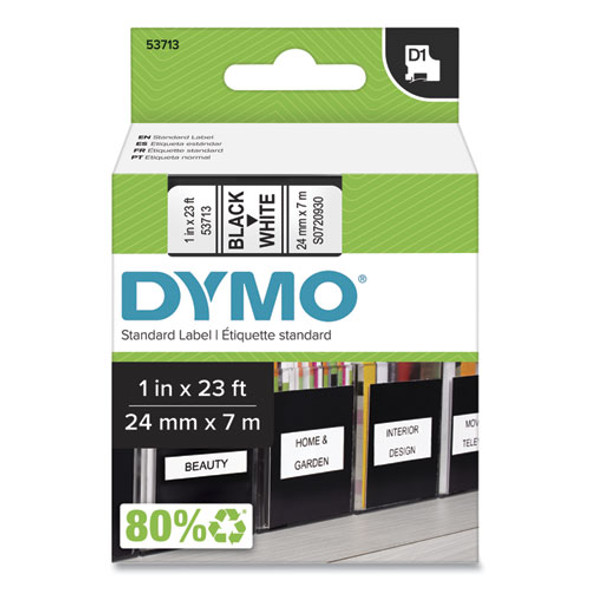 D1 High-Performance Polyester Removable Label Tape, 1" x 23 ft, Black on White