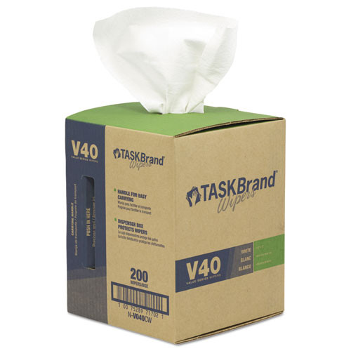 TASKBrand V40 Heavy Weight DRC Wipers, 1-Ply, 10 x 12, Unscented, White, 200/Roll
