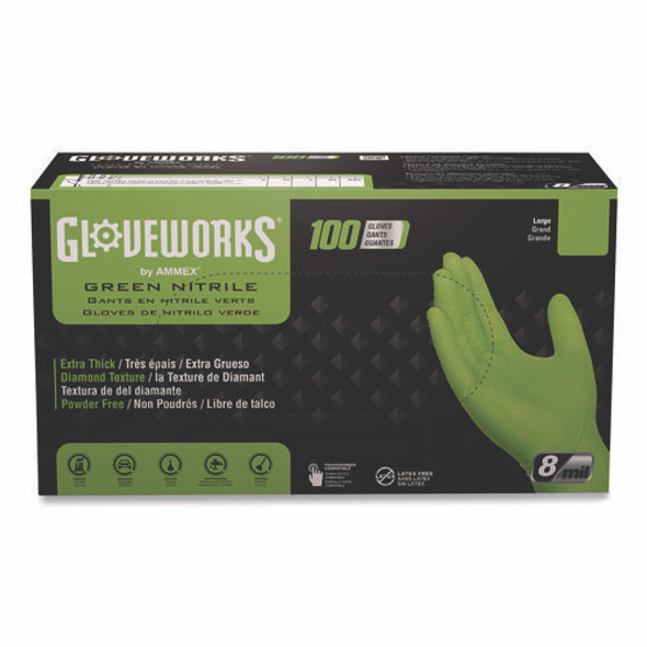 Heavy-Duty Industrial Nitrile Gloves, Powder-Free, 8 mil, 2X-Large, Green, 100 Gloves/Box, 10 Boxes/Carton