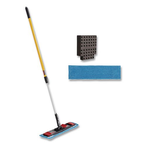 Adaptable Flat Mop Kit, 19.5 x 5.5 Blue Microfiber Head, 48" to 72" Yellow Aluminum Handle