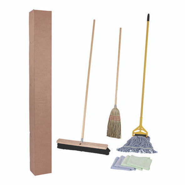 Cleaning Kit, Medium Blue Cotton/Rayon/Synthetic Head, 60" Natural/Yellow Wood/Metal Handle Cleaning Kit, Medium Blue Cotton/Rayon/Synthetic Head, 60" Natural/Yellow Wood/Metal Handle