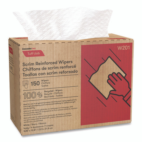Tuff-Job Scrim Reinforced Wipers, 4-Ply, 9.25 x 12.5, White, 150/Box, 10 Boxes/Carton