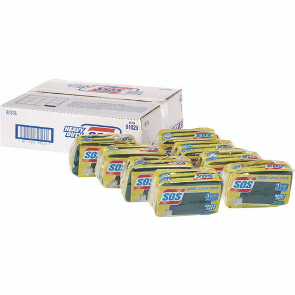 Heavy Duty Scrubber Sponge, 2.5 x 4.5, 0.9" Thick, Yellow/Green, 3/Pack, 8 Packs/Carton