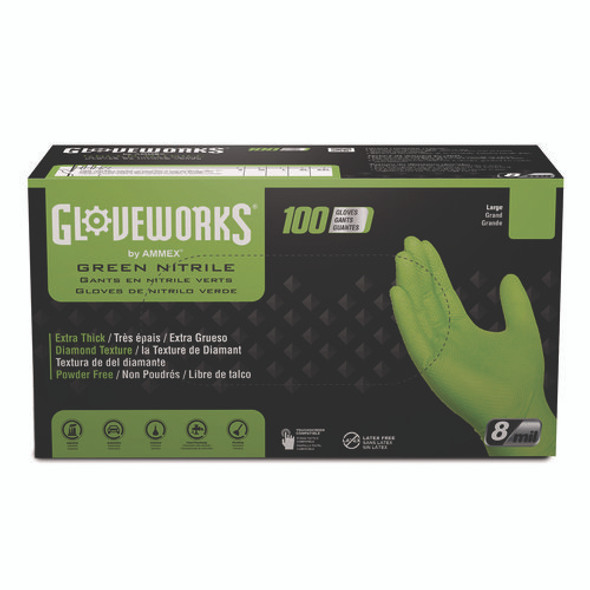 Heavy-Duty Industrial Nitrile Gloves, Powder-Free, 8 mil, Medium, Green, 100 Gloves/Box, 10 Boxes/Carton