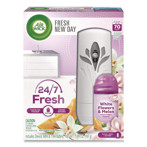 Freshmatic Life Scents Starter Kit, Automatic Sprayer/5.89 oz White Flowers and Melon Summer Delights Refill/Battery