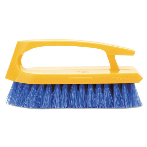 Iron-Shaped Handle Scrub Brush, Blue Polypropylene Bristles, 6" Brush, 6" Yellow Plastic Handle