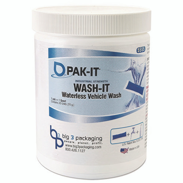 Wash It Waterless Vehicle Wash, Breezy Scent, 20 Water-Soluble Packets/Jar, 12/Carton