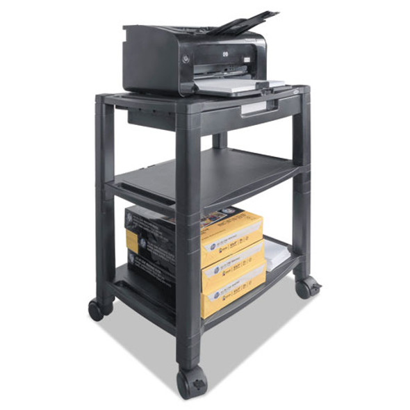 Height-Adjustable Deskside Printer Cart, Plastic, 3 Shelves, 1 Drawer, 60 lb Capacity, 20" x 13.25" x 24.5", Black