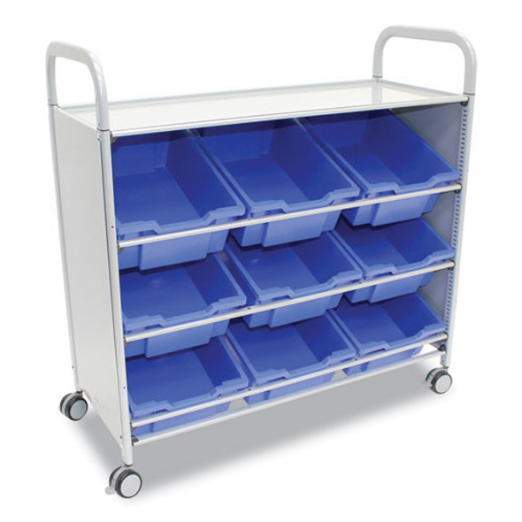 Callero Tilted Tray Trolley Set 01, Metal, 1 Shelf, 9 F2 Deep Bins, 40.6" x 17.3" x 41.5", Silver/Royal Blue