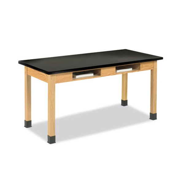 Classroom Book Compartment Science Table, 60w x 24d x 30h, Black Epoxy Resin Top, Oak Base