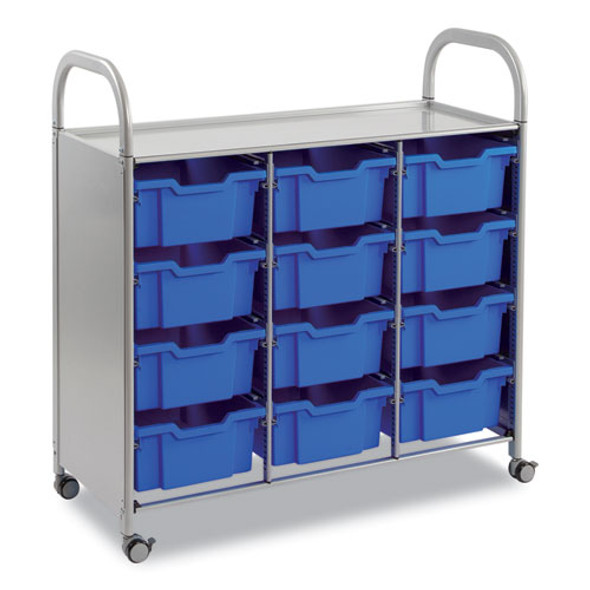Callero Plus Treble Column Trolley Set 13, Metal, 1 Shelf, 12 F2 Deep Bins, 40.6" x 17.3" x 41.5", Silver/Royal Blue