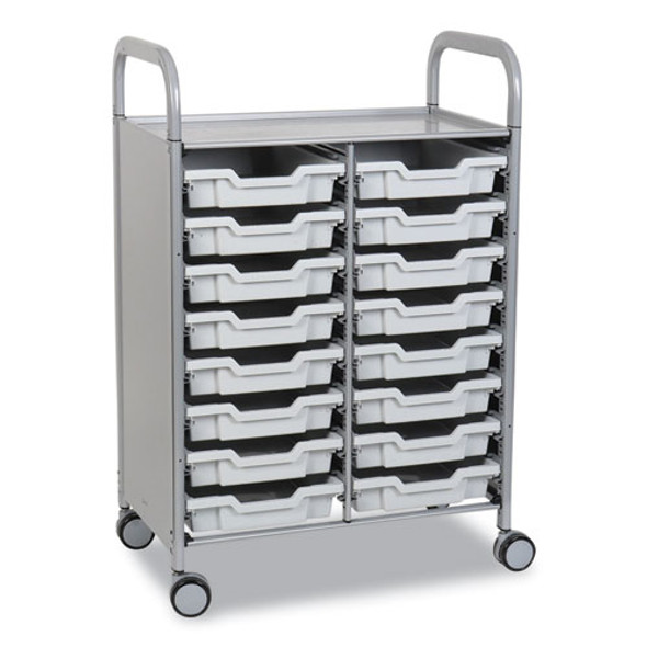 Callero Plus Double Column Trolley Set 05, Metal, 1 Shelf, 16 F1 Shallow Bins, 27.4" x 17.3" x 41.5", Silver/Light Gray