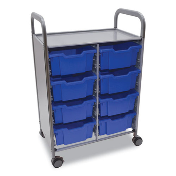 Callero Plus Double Column Trolley Set 13, Metal, 1 Shelf, 8 F2 Deep Bins, 27.4" x 17.3" x 41.5", Silver/Royal Blue