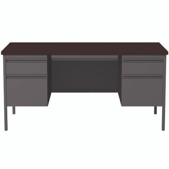 Double Pedestal Steel Desk, 60" x 30" x 29.5", Mahogany/Charcoal, Charcoal Legs