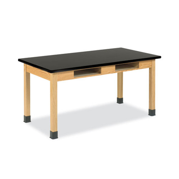 Classroom Book Compartment Science Table. 54w x 24d x 30h, Black ChemGuard High Pressure Laminate (HPL) Top, Oak Base
