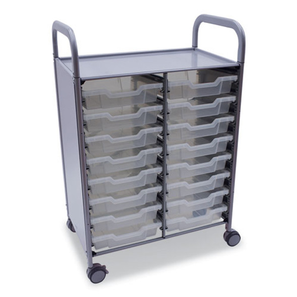 Callero Plus Double Column Trolley Set 5, Metal, 1 Shelf, 16 F1 Shallow Bins, 27.4" x 17.3" x 41.5", Silver/Translucent Frost