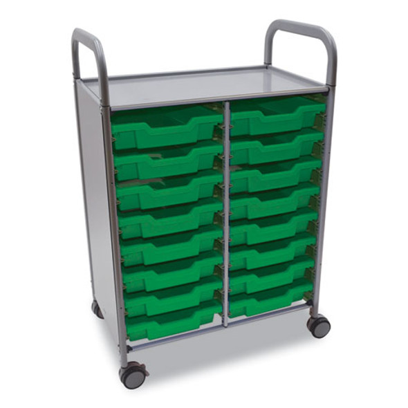 Callero Plus Double Column Trolley Set 05, Metal, 1 Shelf, 16 F1 Shallow Bins, 27.4" x 17.3" x 41.5", Silver/Grass Green