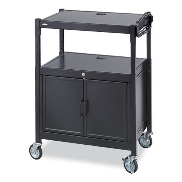 Steel Adjustable AV Cart with Cabinet, Metal, 3 Shelf, 6 AC Outlets, 40 lb Capacity, 26.75 x 20.5 x 42, Black