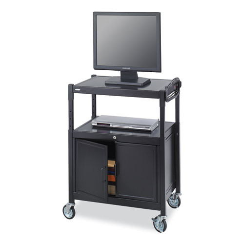 Steel Adjustable AV Cart with Cabinet, Metal, 3 Shelf, 6 AC Outlets, 40 lb Capacity, 26.75 x 20.5 x 42, Black