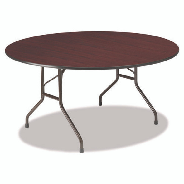 OfficeWorks Wood Folding Table, Round, 60" x 29", Mahogany Top, Gray Base