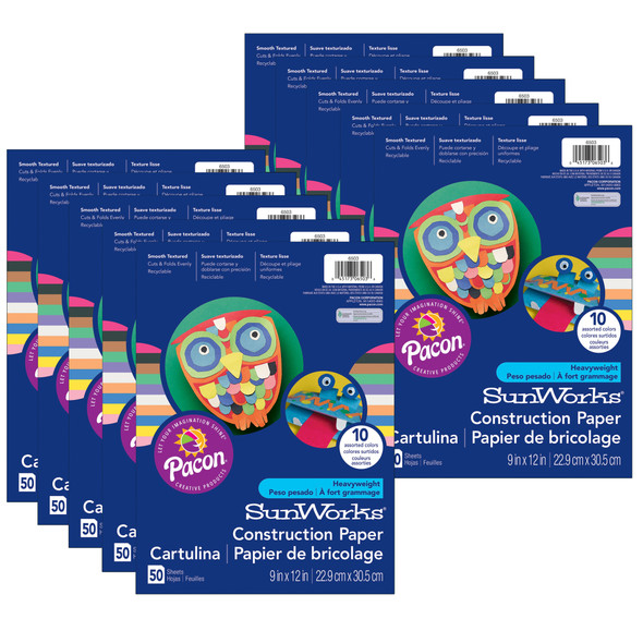 Construction Paper, Medium Weight, 10 Assorted Colors, 9" x 12", 50 Sheets Per Pack, 10 Packs