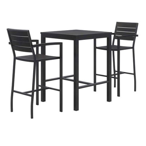 Eveleen Outdoor Bistro Patio Table with Two Black Powder-Coated Polymer Barstools, 30" Square, Black