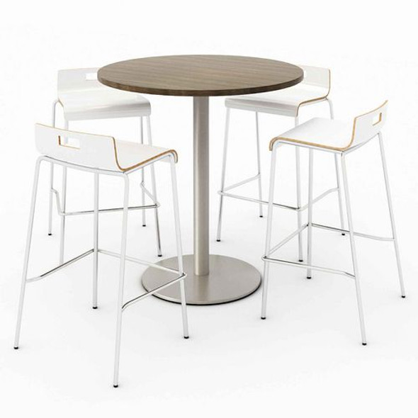 Pedestal Bistro Table with Four White Jive Series Barstools, Round, 36" Dia x 41h, Studio Teak